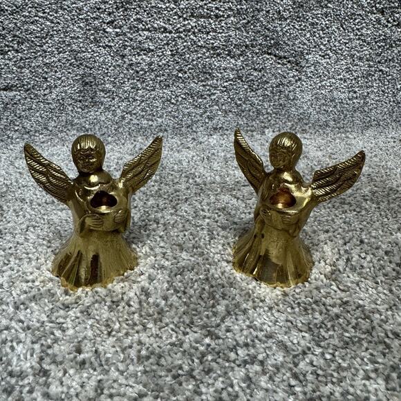 Vintage MCM Set of 2 Brass Angel Candle Holders India Christmas Decoration 3" - Picture 1 of 9